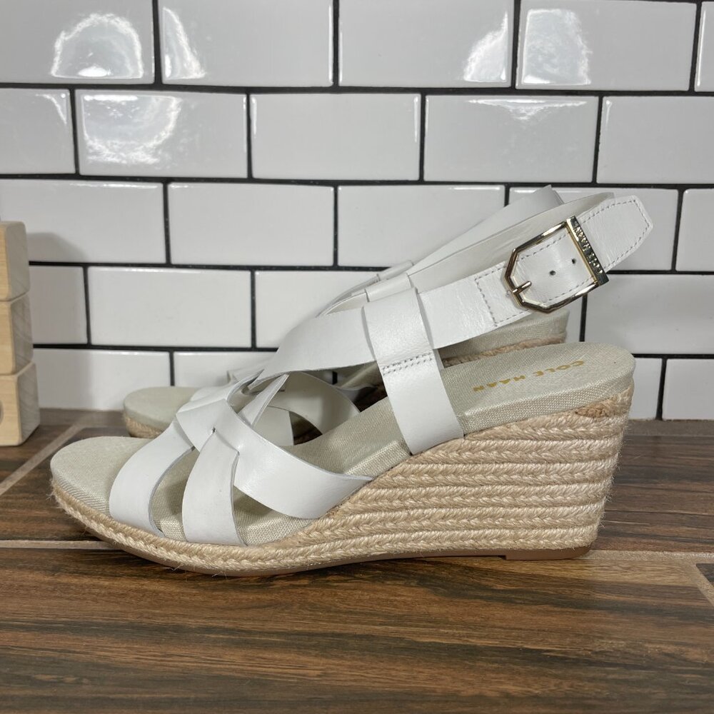 Cole Haan Crystal Shoes Womens Size 7 White Leather Espadrille Wedge Sandals